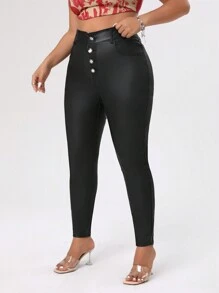 Allurite Plus Size Black Coated Skinny Button Fly Stretchy Pants With Ankle Length - Black - View 3