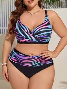 Swim Lushoire 大码全覆盖印花渐变色泳装套装，比基尼套装海滩比基尼套装泳衣夏季，夏季海滩 - 彩色 - 查看 5