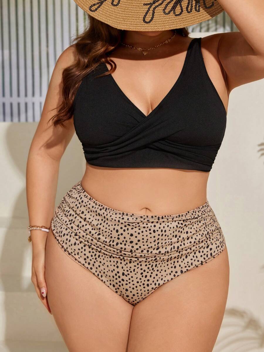 SHEIN Swim Curve Bãi biển mùa hè Plus Size Áo ngực quấn chéo & Bộ bikini in họa tiết Bộ bikini dưới cùng - trái cam - Xem 1