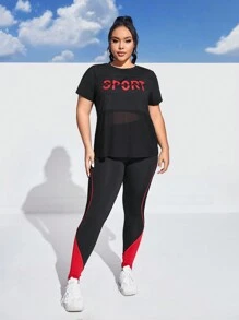 SHEIN Sports Plus Size Contrast Color & Printed Mesh Contrast Sports Suit Workout Women Set - Multicolor - View 5