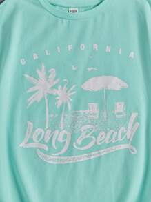 SHEIN Teen Girls' Printed Loose-Fit Vacation Casual Short Sleeve T-Shirt