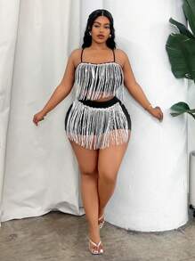 Maweii Plus Size Sleeveless Fringed Top And Shorts Set With Thin Straps - Pink - View 5