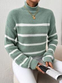 SHEIN Cottnline Casual Colorblock Striped Stand Collar Sweater, Autumn/Winter - Green - View 2