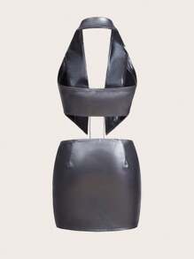 SHEIN ICON Halter Faux Leather Crop Top And Low Waist Mini Skirt Set - Black - View 2