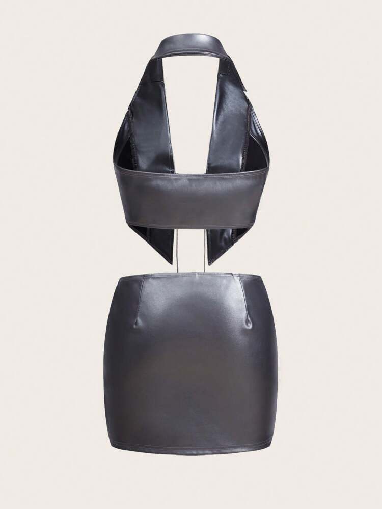 Halter Faux Leather Crop Top And Low Waist Mini Skirt Set