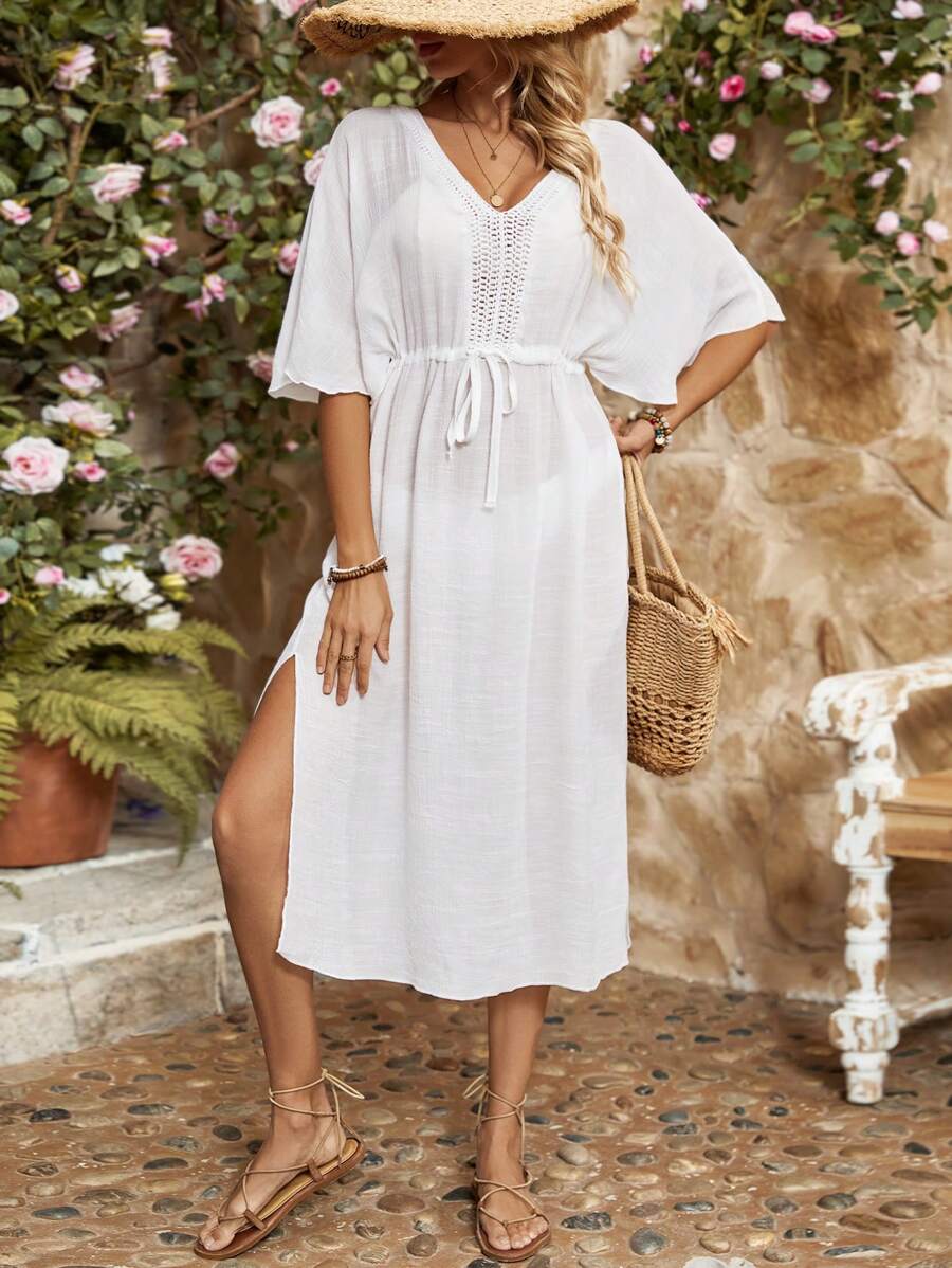 Breezaya Women's V-Neck Batwing Sleeve Drawstring Waist Dress - White - View 1