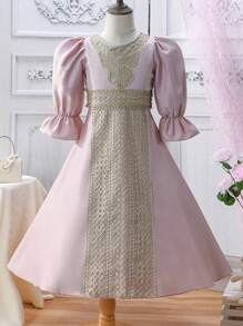 SHEIN Young Girl Round Neck Lace Splice Contrast Color Ruffle Sleeve Dress