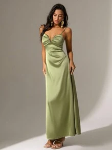 Anewsta 女士纯色细肩带无袖连衣裙 - 綠色 - 查看 4
