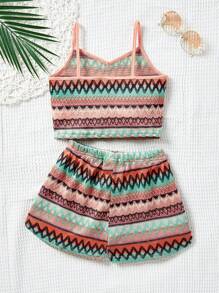 SHEIN Tween Girl Knitted Jacquard Cami Top + Elastic Waist Shorts Vacation Outfit