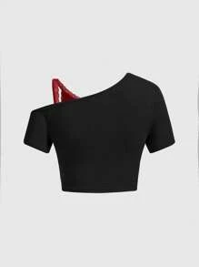 ROMWE Kawaii Women's Asymmetrical Neck 2 In 1 Lace Cherry Printed Cute T-Shirt, School - Multicolor - View 2