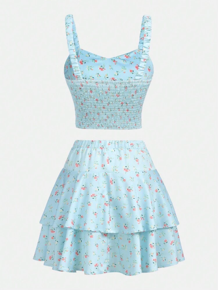 Teen Girl Woven Floral Printed Cami Top With A Skirt Set