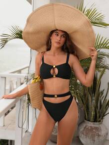 SHEIN Swim 女士纯色镂空比基尼套装夏季海滩