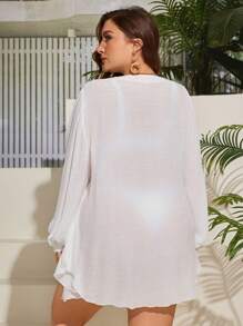 Swim Lushoire Summer Beach Plus Size Solid Color Kimono With Front Buckle Closure And Lantern Sleeve - White - View 2
