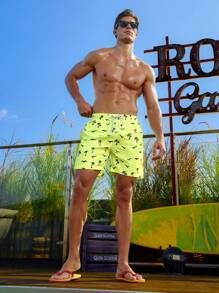 Zalmeno Men's Elastic Waist Coconut Tree Printed Beach Shorts - Green - View 5