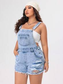SHEIN EZwear Plus Size Blue Denim Dungaree Shorts With Distressed Detail And Washed Finish - Medium Wash - View 4