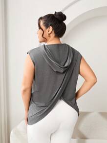 SHEIN Sports Plus Size Sleeveless Hooded Letter Print Drawstring Sports Sweatshirt - Grey - View 2
