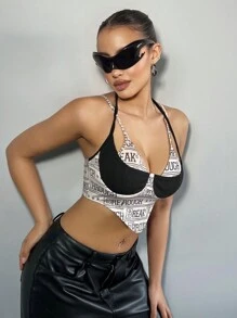 SHEIN ICON 女款y2k字母印花彩色拼接露背背心,適合夏季夜晚外出穿著 - 彩色 - 查看 1