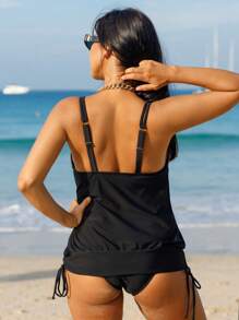 SHEIN Swim 女士纯色泳衣套装 夏季 - 黑色 - 查看 2
