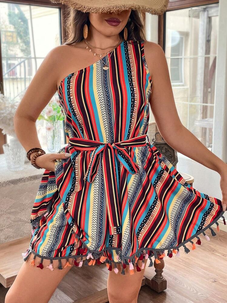 Breezaya Asymmetrical Neck Sleeveless Striped Jumpsuit With Tassel Trim - Multicolor - View 3