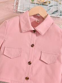 Conjunto de tres piezas para niña preadolescente con camisa de mangas cortas y chaleco y falda plisada de unicolor con botón de un solo pecho - Rosa - Ver 7