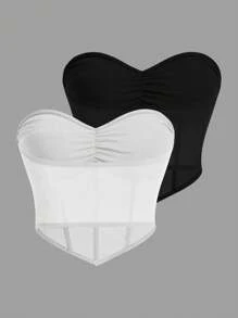 SHEIN ICON 2 Miếng Đen Và Trắng Thon gọn Áo nịt ngực Top Với Ruffle Và Đai nịt bụng Chi tiết Và Chèn lưới - Đen và trắng - Xem 2