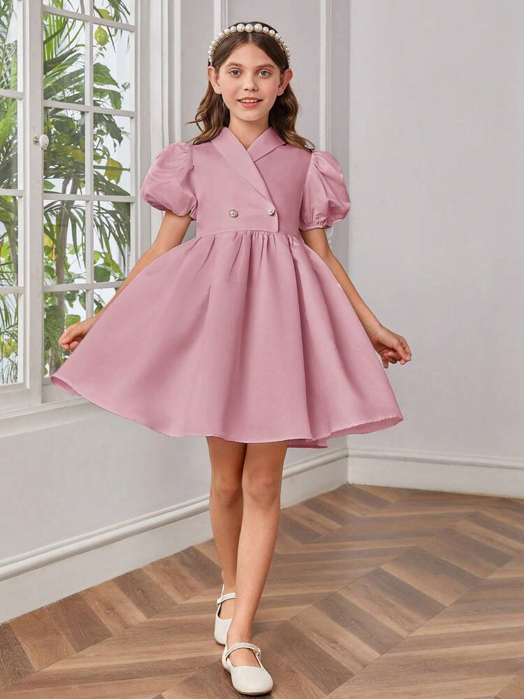 Tween Girl's Woven Solid Color Bubble Sleeve Formal Dress
