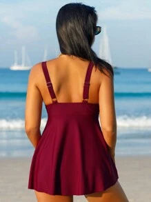 SHEIN Swim Summer Ladies' Plain Tankini Set - Burgundy - View 3