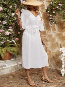 Breezaya Women's V-Neck Batwing Sleeve Drawstring Waist Dress - White - View 3