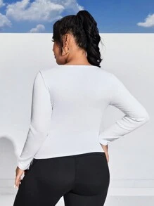 Easithlete Plus Size Solid Color V-Neck High Elastane Sport T-Shirt - White - View 2