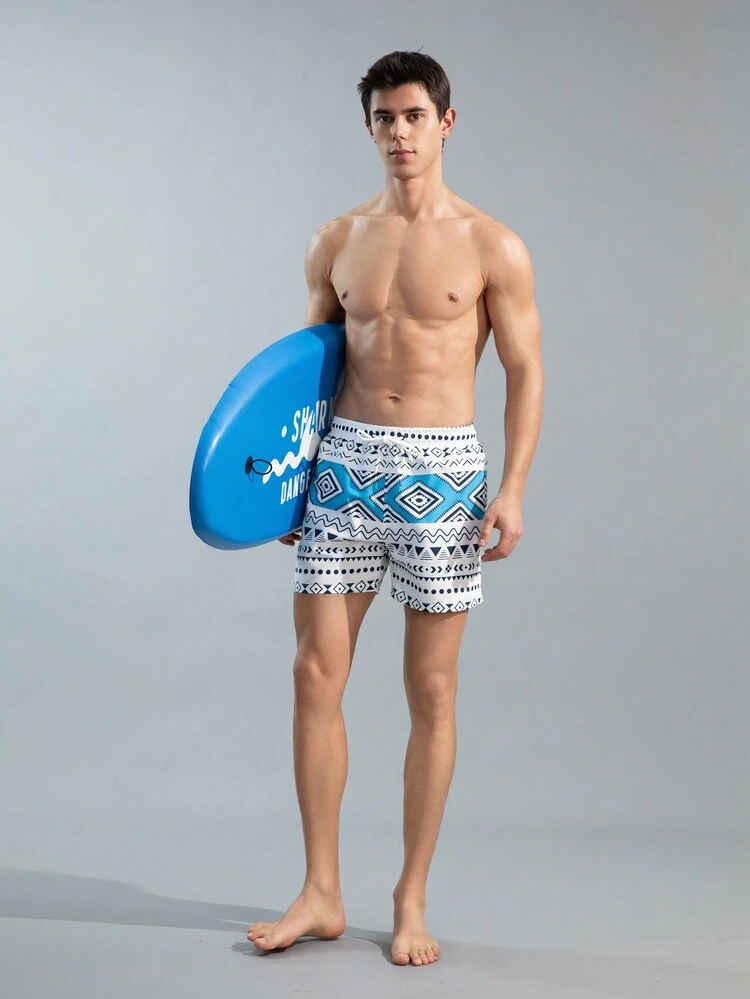Men's Retro Printed Beach Shorts With Elastic Waistband And Drawstring