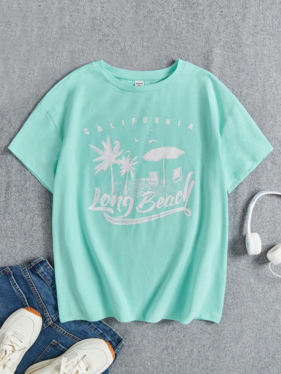 SHEIN Teen Girls' Printed Loose-Fit Vacation Casual Short Sleeve T-Shirt
