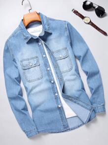 Manfinity Homme Men's Flap Pocket Denim Shirt - Light Wash - View 1