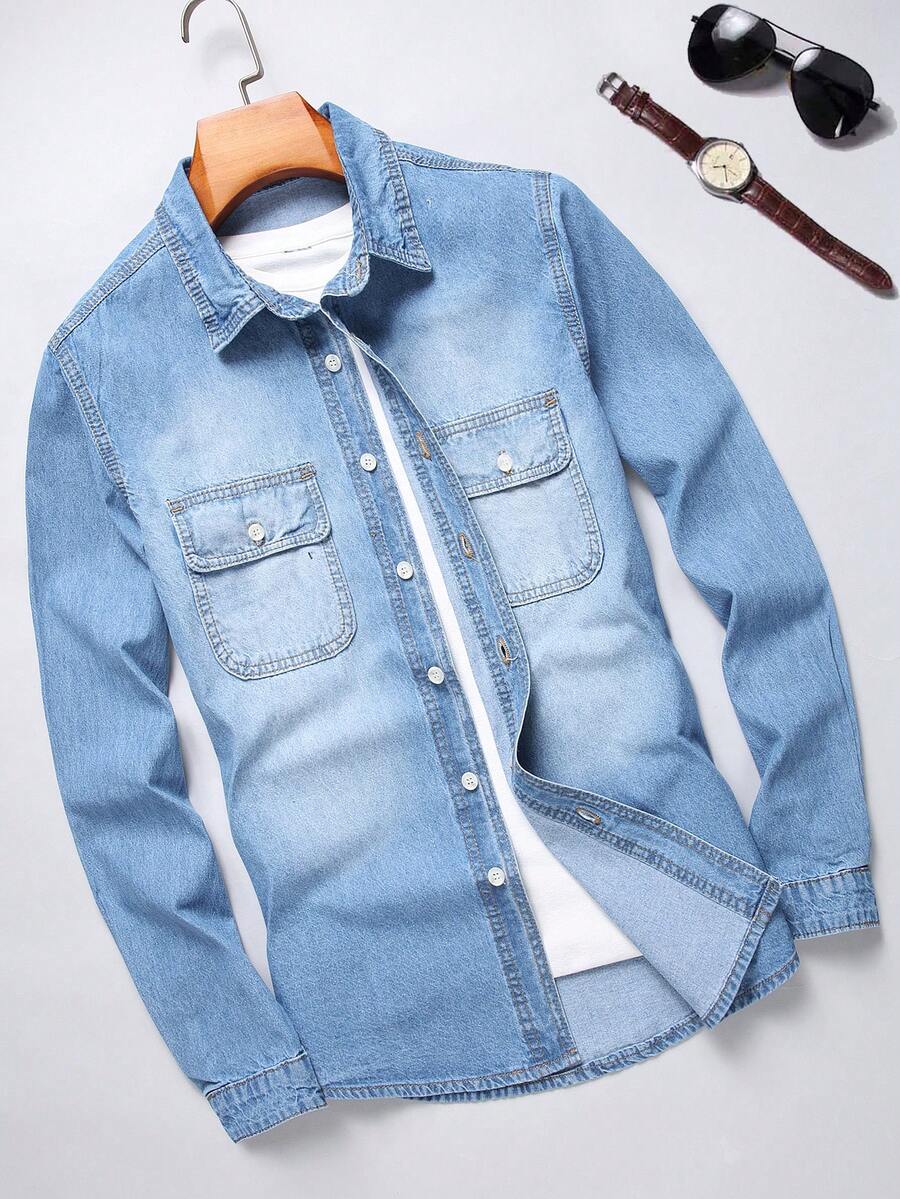 Manfinity Homme Men's Flap Pocket Denim Shirt - Light Wash - View 1