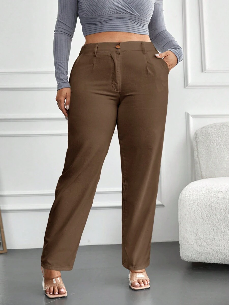 RueChic Plus High Waist Straight Leg Pants - Brown - View 1