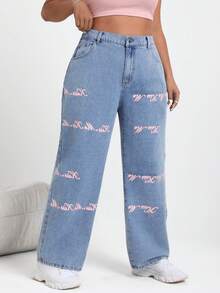 SHEIN EZwear 大碼直腳花卉印花牛仔褲 - 中等水洗藍 - 查看 6