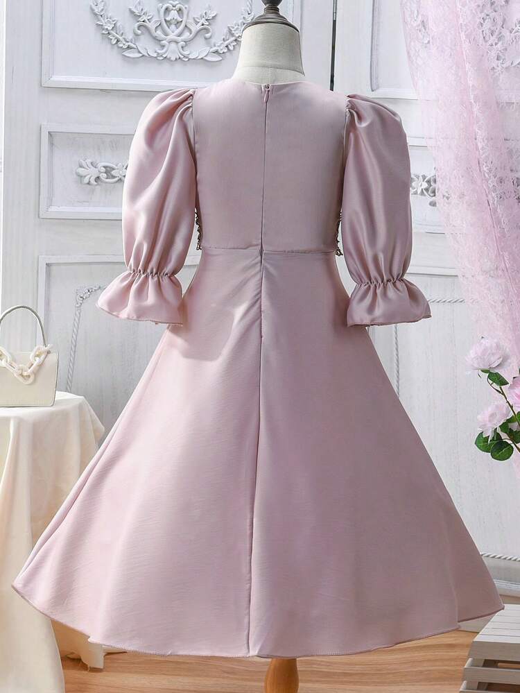 Young Girl Round Neck Lace Splice Contrast Color Ruffle Sleeve Dress