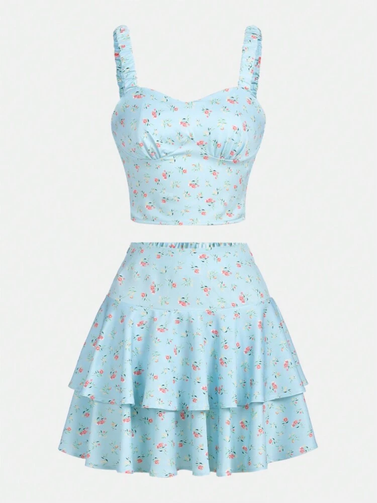 Teen Girl Woven Floral Printed Cami Top With A Skirt Set