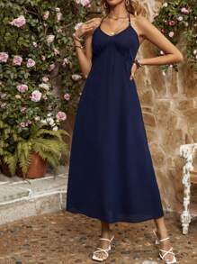 Breezaya Vestido De Cuello Halter De Un Solo Color - Azul Marino - Ver 1