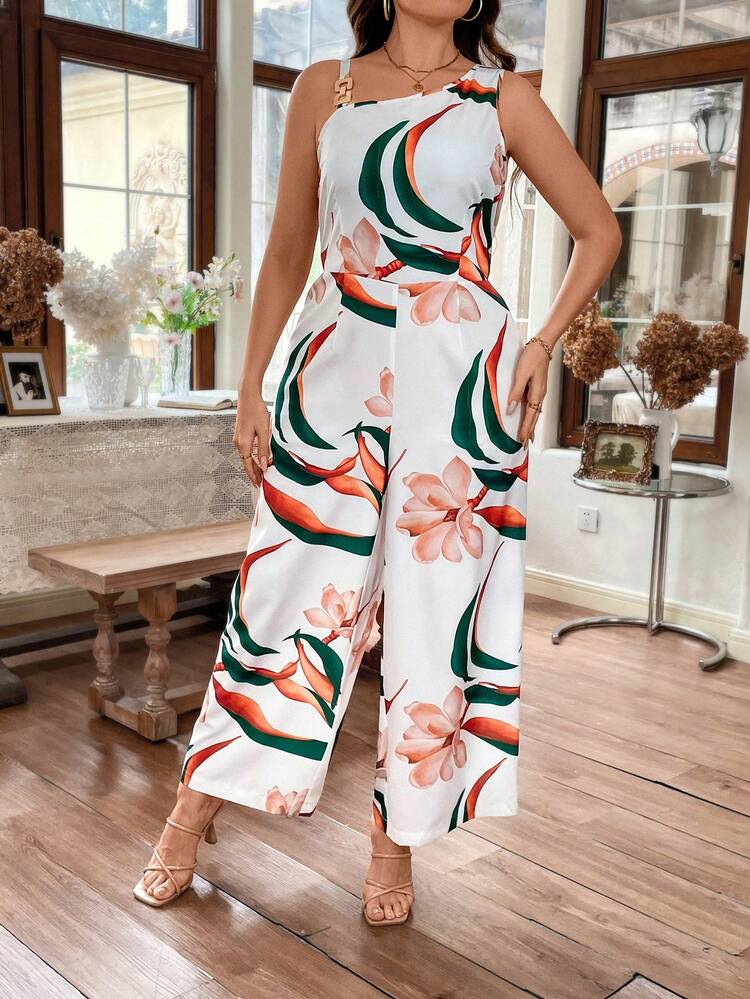 Plus Size Floral Print Oblique Shoulder Sleeveless Backless Jumpsuit