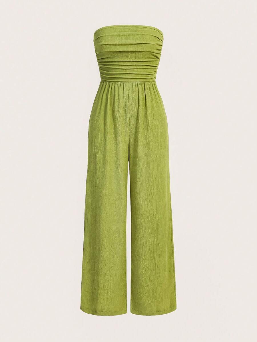 SHEIN EZwear 女士純色紋理布料無肩帶連身褲 - 綠色 - 查看 1