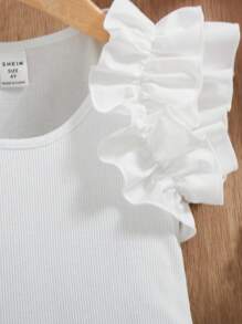 SHEIN Young Girl Cute, Elegant And Gorgeous Round Neck Pullover T-Shirt With Ruffles - White - View 3