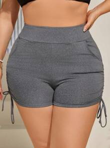 SHEIN Swim Curve Plus Size Swim Shorts With Drawstring, Side Pockets And Slanted Hem - Dark Grey - View 4