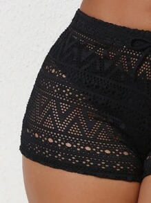 Swim Basics Summer Beach Women's Fashionable Black Hollow Out Pants Cover Up - Black - View 4