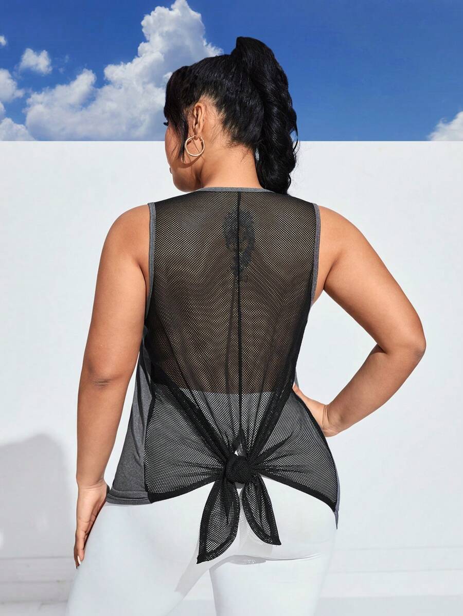 Easithlete 大尺寸網紋拼接綁結運動背心 - 深灰色 - 查看 1