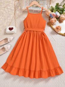 SHEIN Vestido De Tirantes De Espaguetis De Tela Naranja Con Textura Para Chicas Preadolescentes - Naranja Quemada - Ver 2