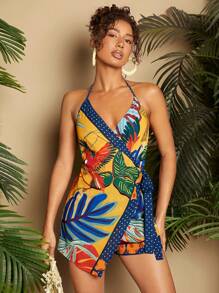 Travachic Mono De Estilo De Vacaciones De Mujer Con Cuello Halter Envuelto Y Atado Con Estampado De Plantas - Multicolor - Ver 4