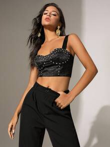 Zolique Top court sans manches de couleur unie avec rivets et strass - Noir - Voir 6