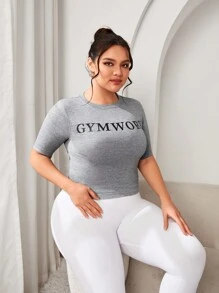 SHEIN Sports Plus Size Letter Printed Sports T-Shirt - Grey - View 5