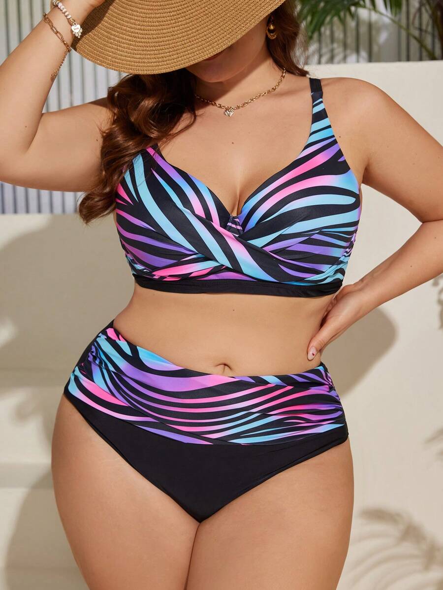 Swim Lushoire 大码全覆盖印花渐变色泳装套装，比基尼套装海滩比基尼套装泳衣夏季，夏季海滩 - 彩色 - 查看 1