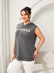 SHEIN Sports Plus Size Sleeveless Hooded Letter Print Drawstring Sports Sweatshirt - Grey - View 3